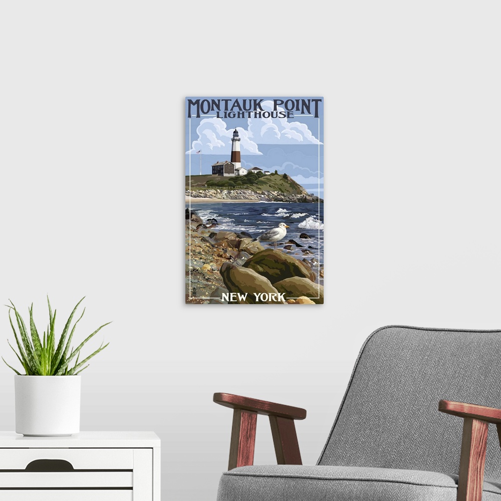 A modern room featuring Montauk Point Lighthouse - New York: Retro Travel Poster