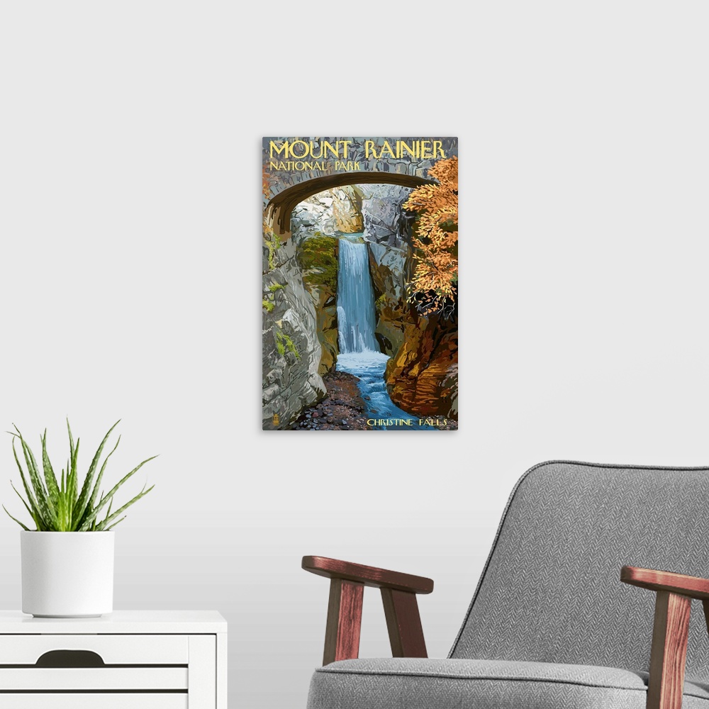 A modern room featuring Mount Rainier National Park - Christine Falls: Retro Travel Poster