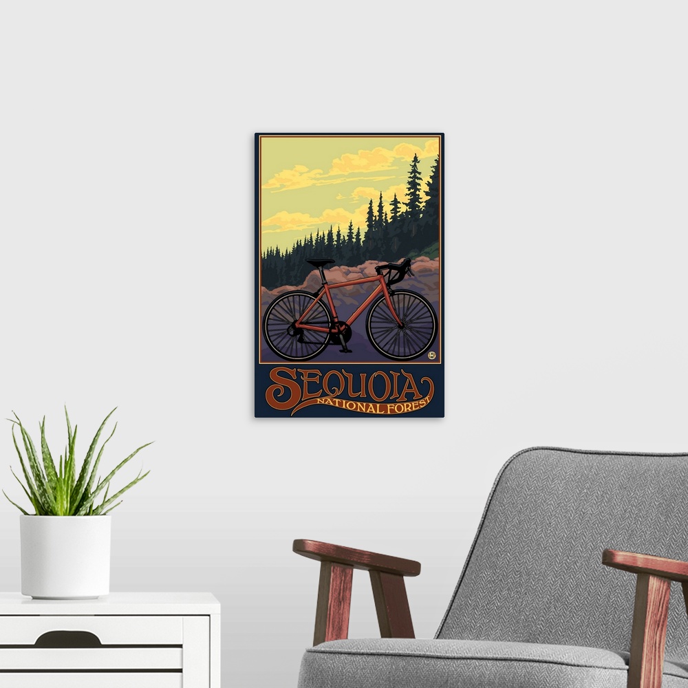 A modern room featuring Mountain Bike - Sequoia National Forest, CA: Retro Travel Poster
