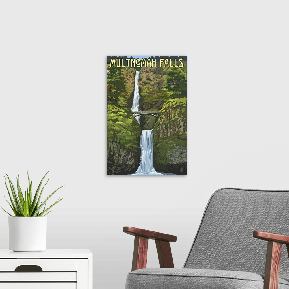 A modern room featuring Retro stylized art poster of a rushing waterfall tumbling down through lush foliage.