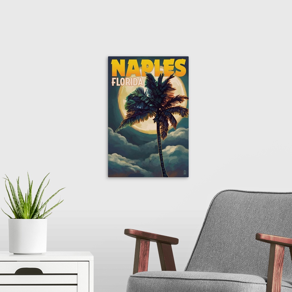 A modern room featuring Naples, Florida - Palm and Moon: Retro Travel Poster