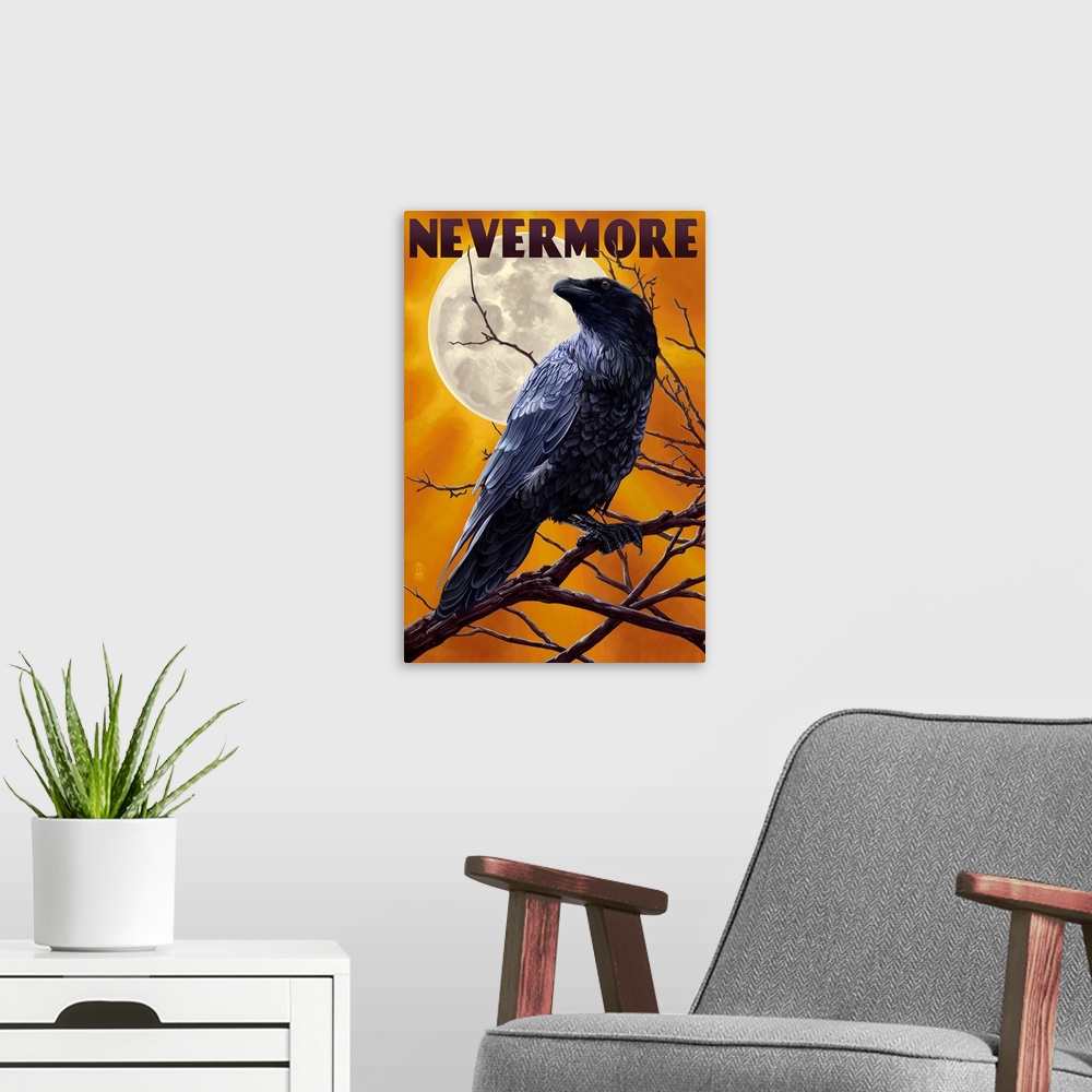 A modern room featuring Nevermore - Raven and Moon: Retro Poster Art