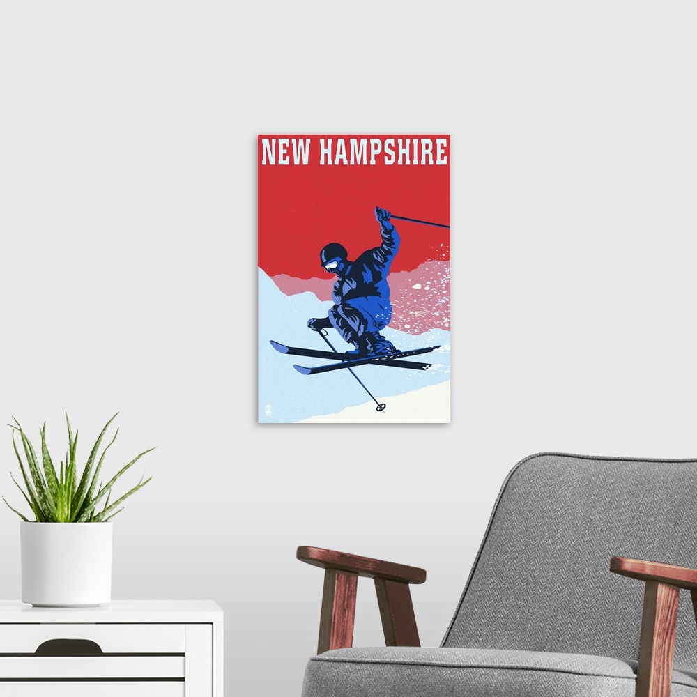 A modern room featuring New Hampshire - Colorblocked Skier: Retro Travel Poster