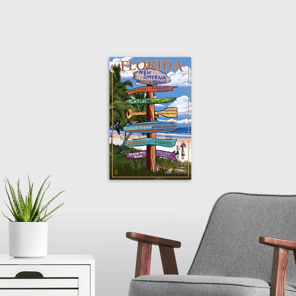 A modern room featuring New Smyrna Beach, Florida - Destinations Signpost: Retro Travel Poster
