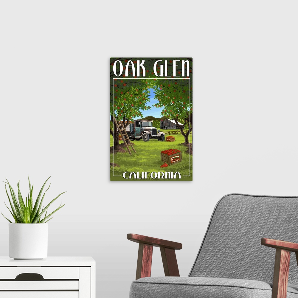A modern room featuring Oak Glen, California - Apple Orchard Harvest: Retro Travel Poster
