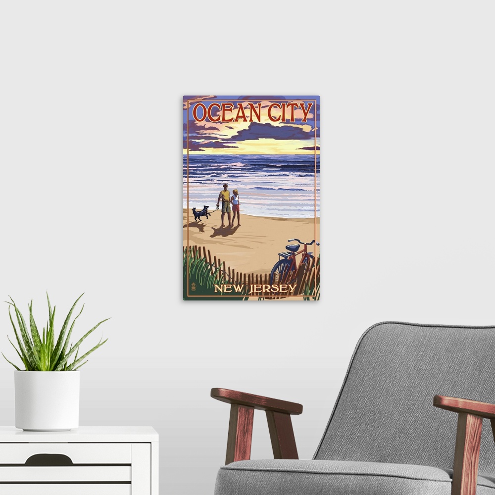 A modern room featuring Ocean City, New Jersey - Beach and Sunset: Retro Travel Poster