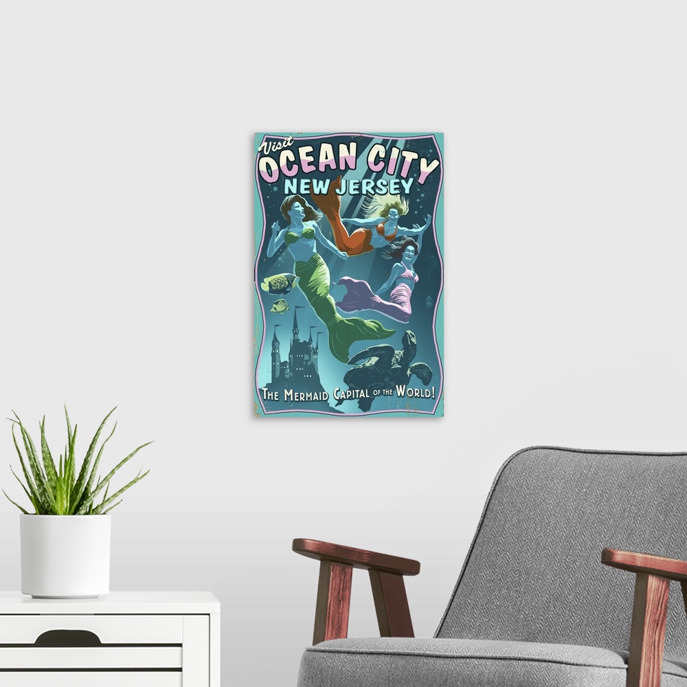 A modern room featuring Ocean City, New Jersey - Mermaids Vintage Sign: Retro Travel Poster