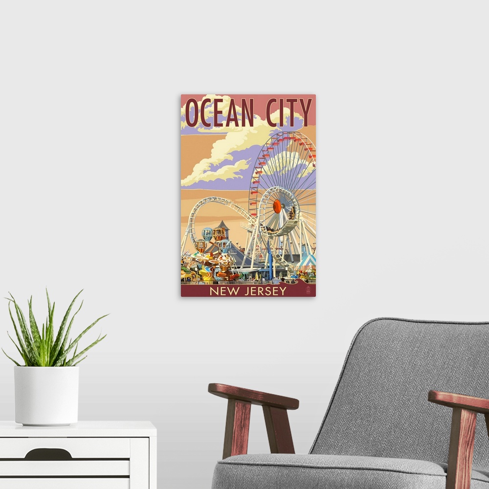 Ocean City, New Jersey - Pier and Sunset: Retro Travel Poster | Large Metal Wall Art Print | Great Big Canvas