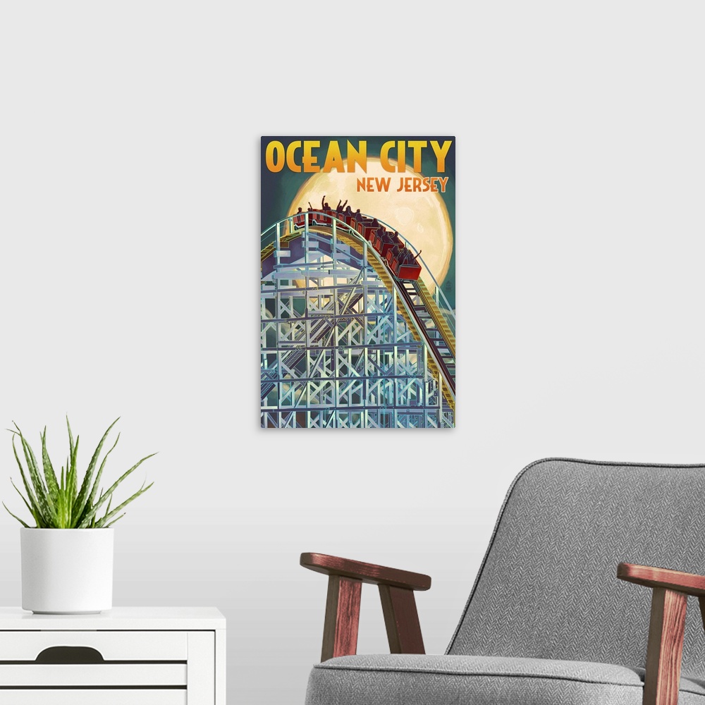 A modern room featuring Ocean City, New Jersey - Roller Coaster and Moon: Retro Travel Poster