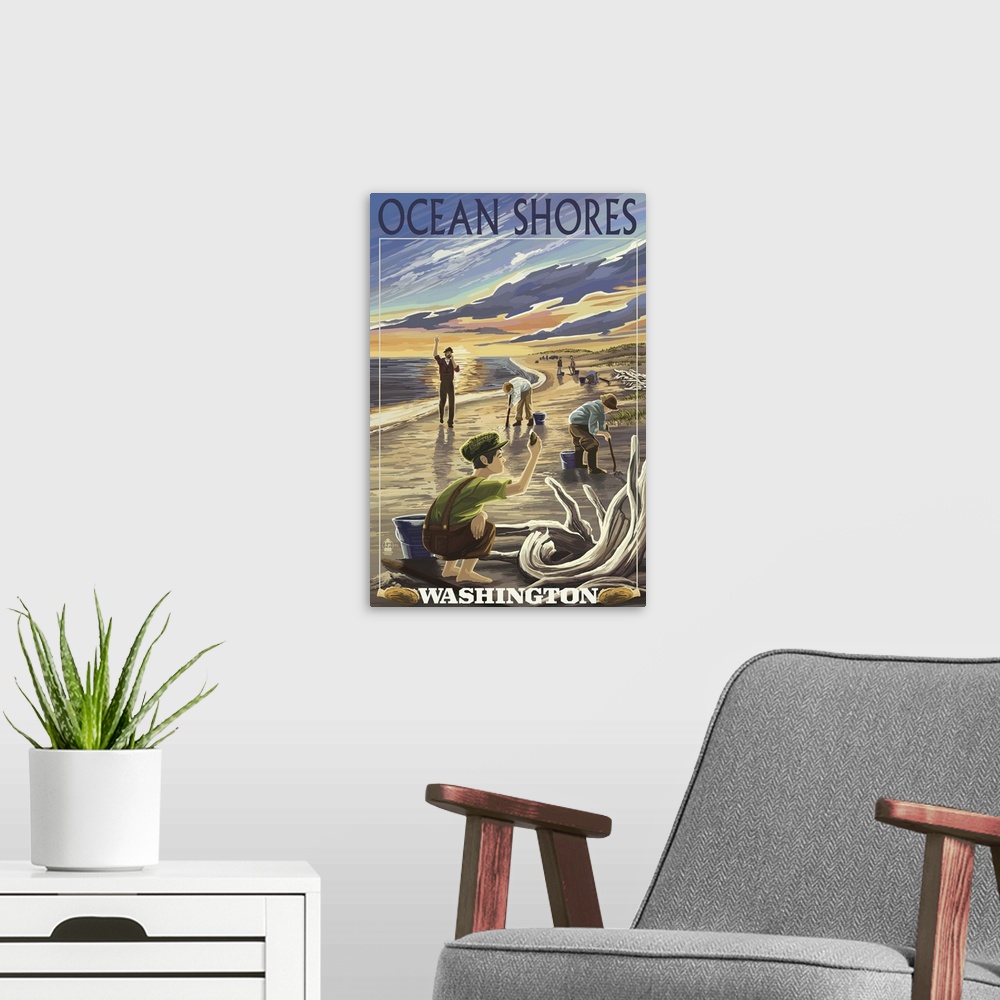 A modern room featuring Ocean Shores, Washington - Clam Diggers: Retro Travel Poster