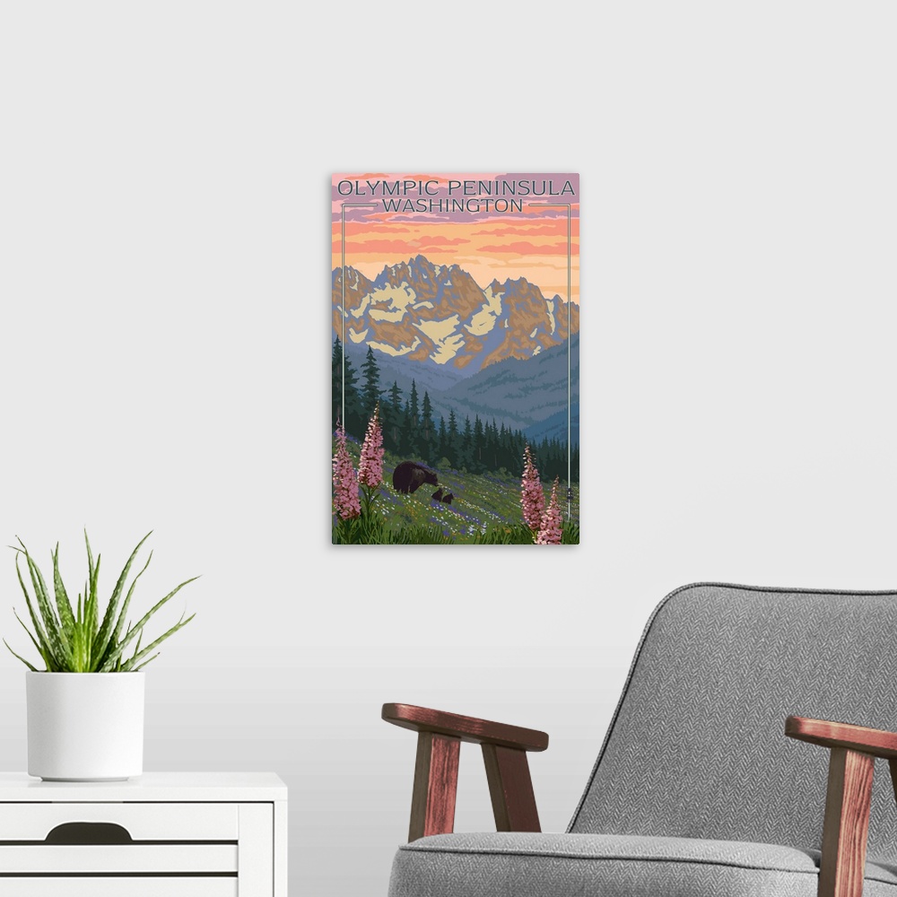 A modern room featuring Olympic Peninsula, Washington - Bears and Spring Flowers: Retro Travel Poster