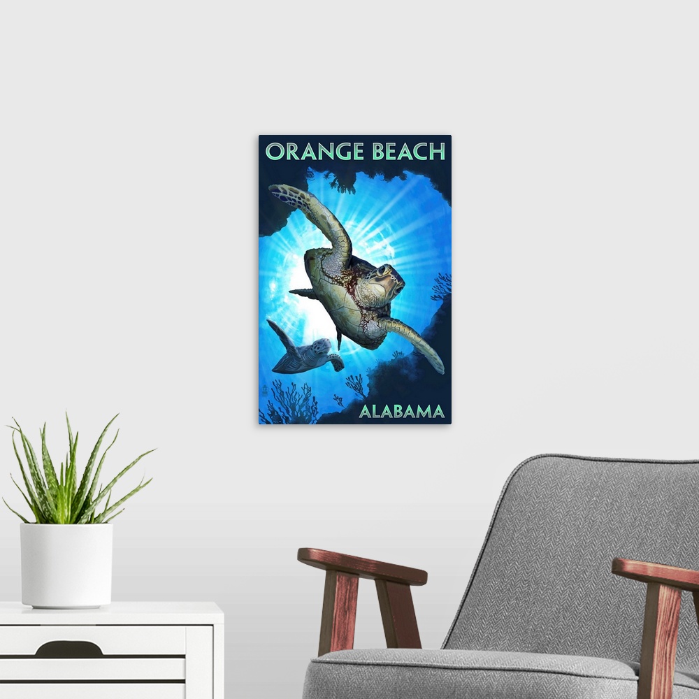 A modern room featuring Orange Beach, Alabama - Sea Turtles Diving: Retro Travel Poster