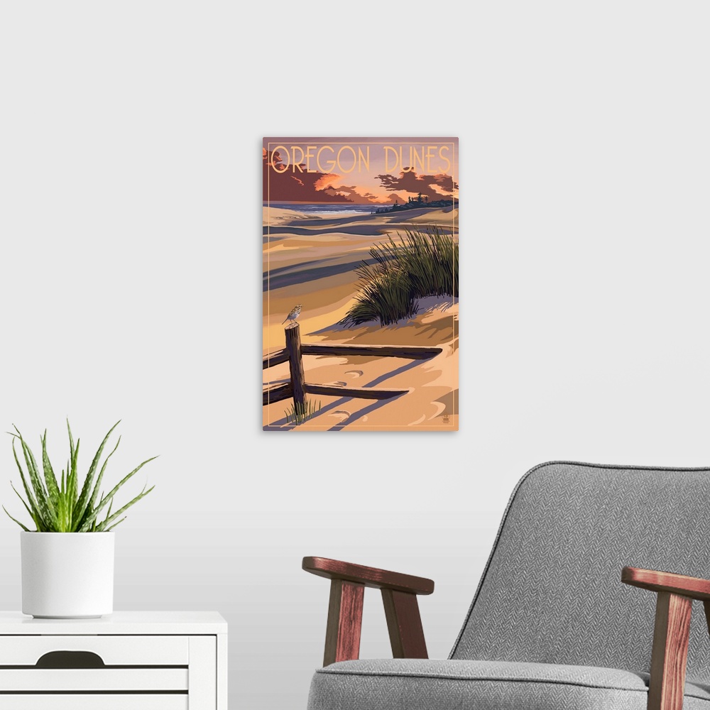 A modern room featuring Oregon Dunes on the Oregon Coast: Retro Travel Poster