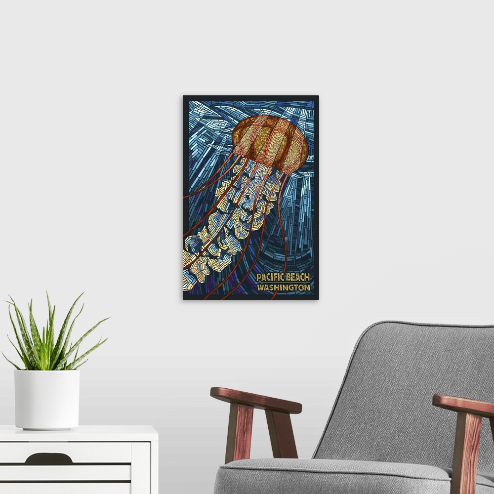 A modern room featuring Pacific Beach, Washington - Jellyfish Mosaic: Retro Travel Poster