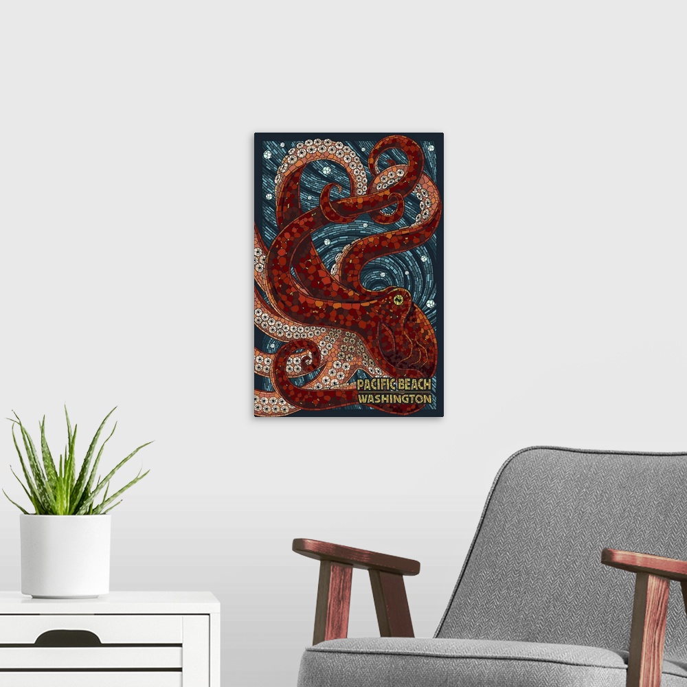 A modern room featuring Pacific Beach, Washington - Octopus Mosaic: Retro Travel Poster