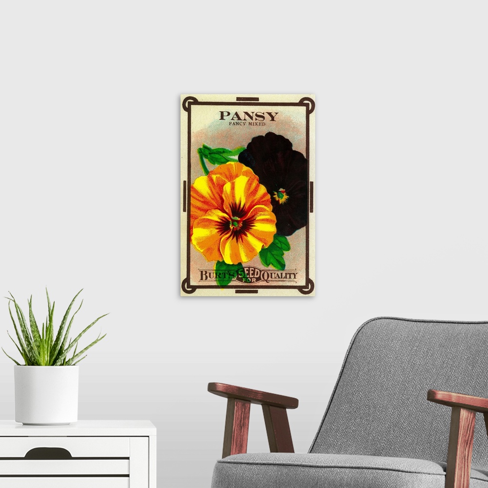 A modern room featuring A vintage label from a seed packet for pansies.