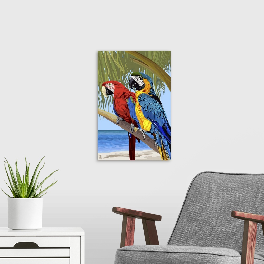 A modern room featuring Parrots: Retro Poster Art