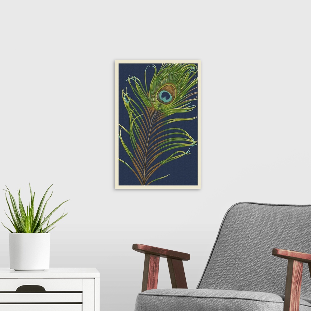 A modern room featuring Peacock Feather - Letterpress: Retro Art Poster