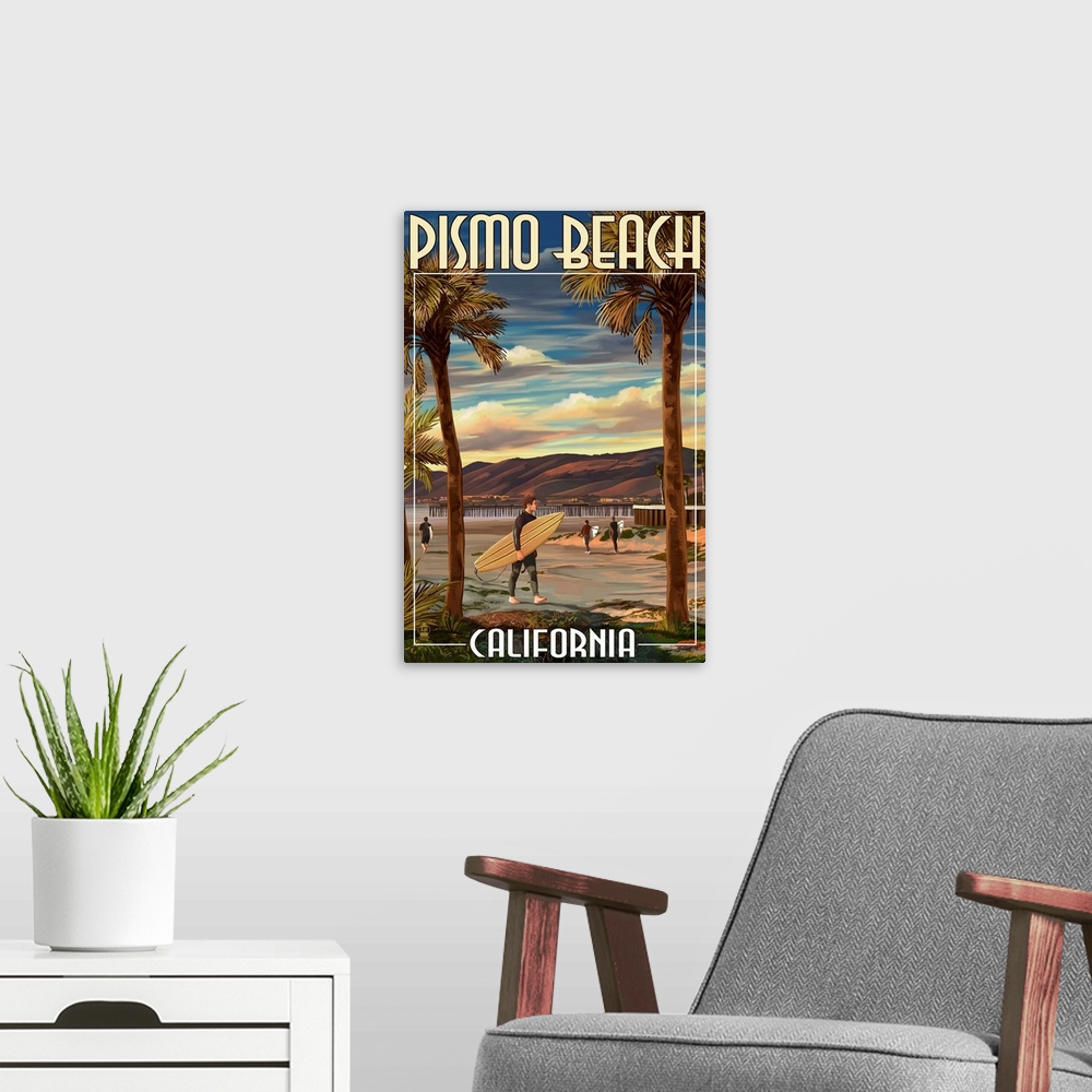 A modern room featuring Retro stylized art poster of a surfer holding a surfboard on a beach at sunset. With tall palm tr...