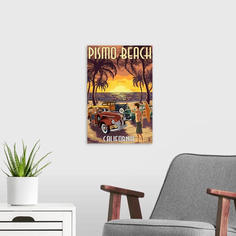 A modern room featuring Retro stylized art poster of surfers on a beach with their vintage cars and surfboards, at sunset.