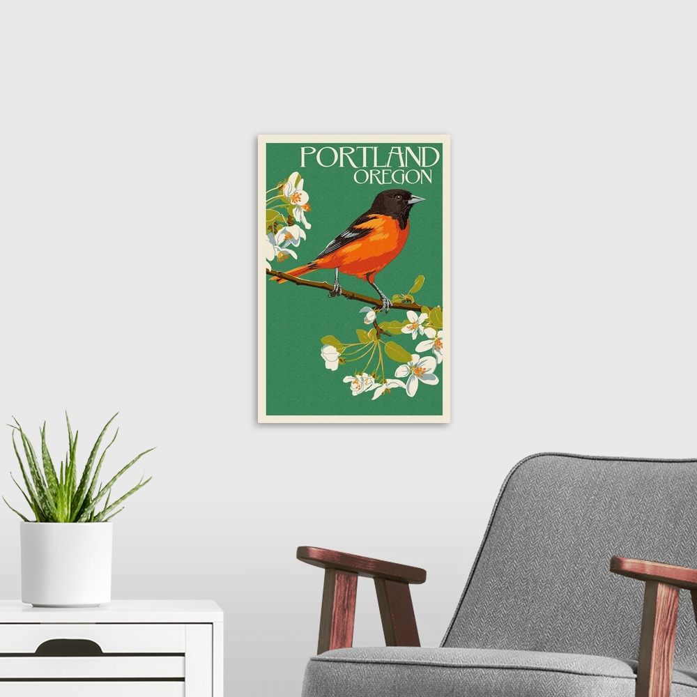 A modern room featuring Portland, Oregon - Oriole Letterpress : Retro Travel Poster