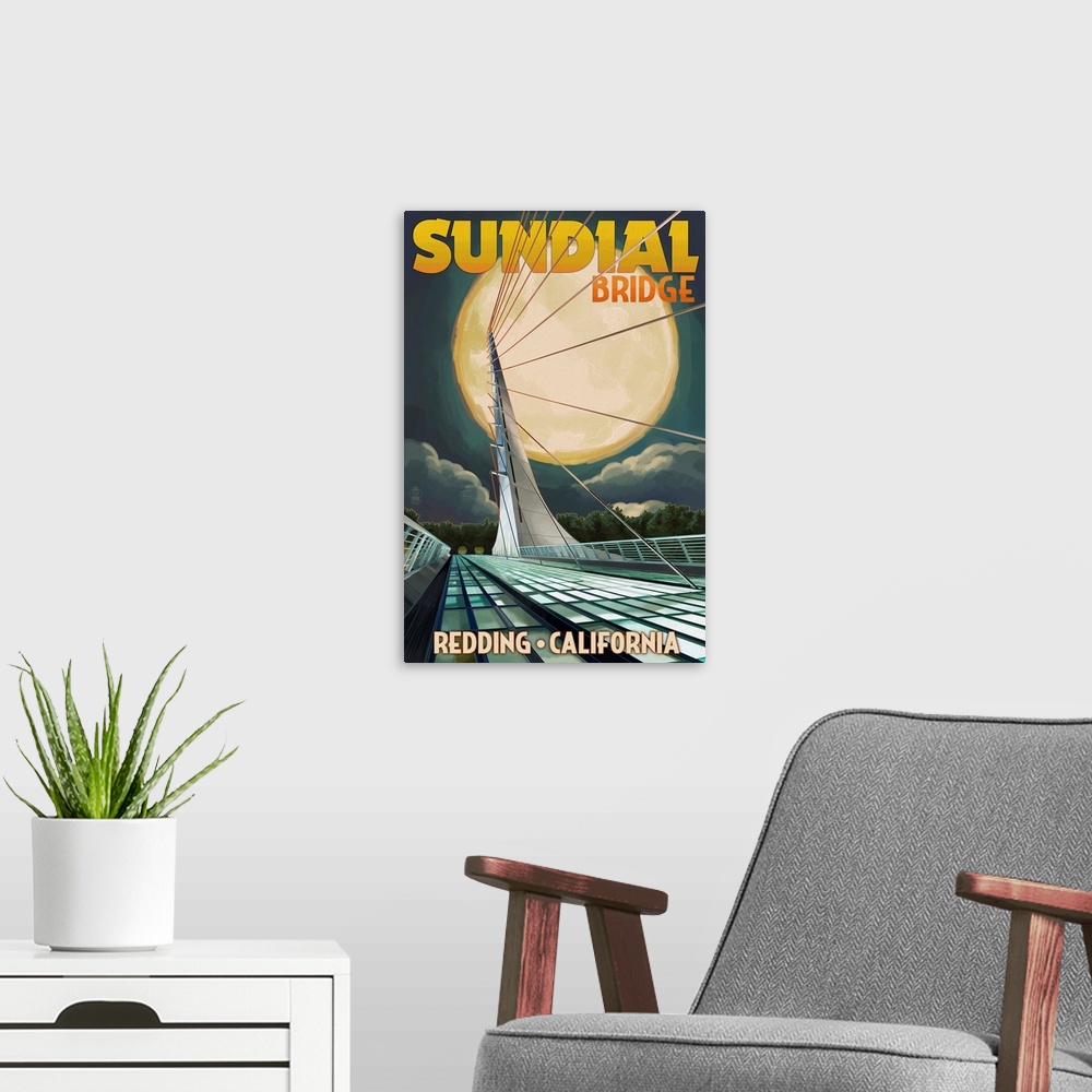A modern room featuring Redding, California - Sundial Bridge and Moon: Retro Travel Poster