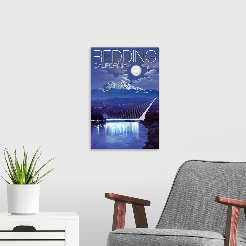A modern room featuring Redding, California - Sundial Bridge at Night: Retro Travel Poster