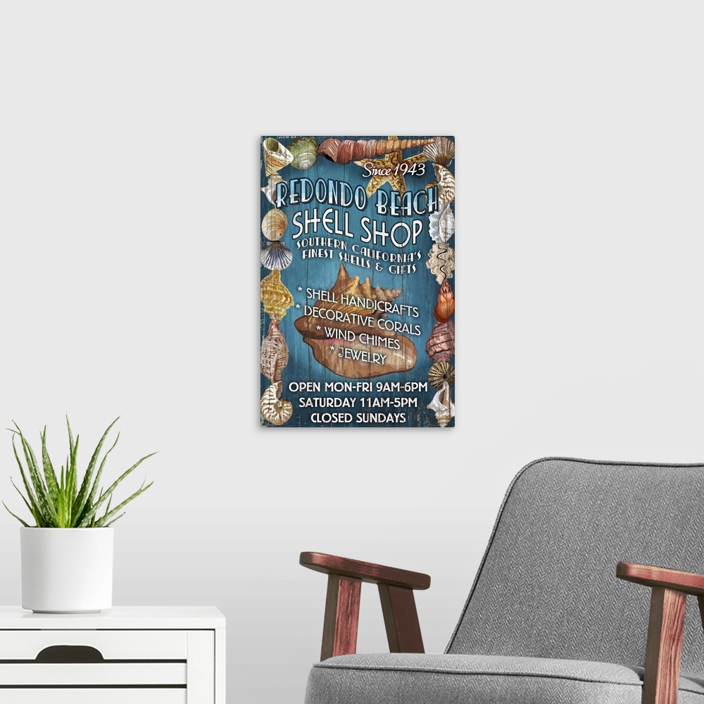 A modern room featuring Redondo Beach, California - Shell Shop Vintage Sign: Retro Travel Poster