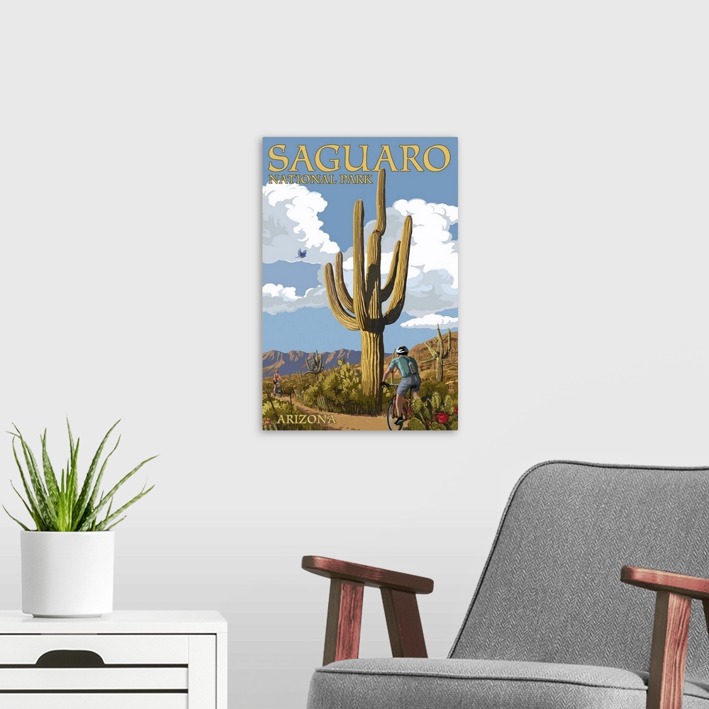 A modern room featuring Saguaro National Park, Arizona - Bicycling Scene: Retro Travel Poster