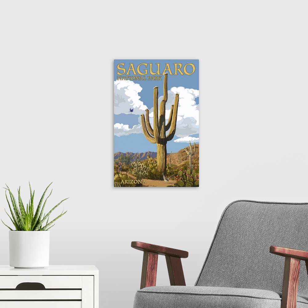 A modern room featuring Saguaro National Park, Arizona - Roadrunner and Trail: Retro Travel Poster