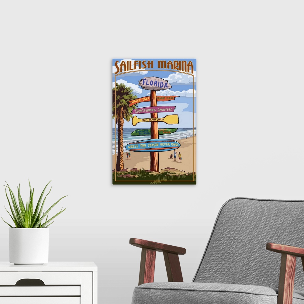 A modern room featuring Sailfish Marina, Florida - Destinations Signpost: Retro Travel Poster