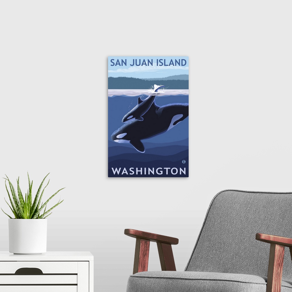 A modern room featuring San Juan Island, Washington - Orca and Calf: Retro Travel Poster