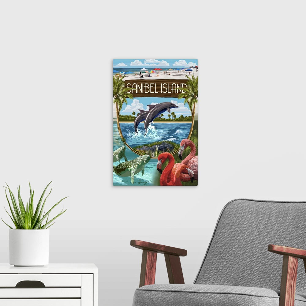 A modern room featuring Sanibel Island, Florida - Montage : Retro Travel Poster