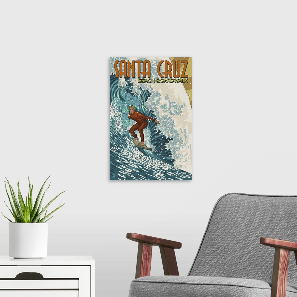 A modern room featuring Santa Cruz, California - Stylized Surfer: Retro Travel Poster