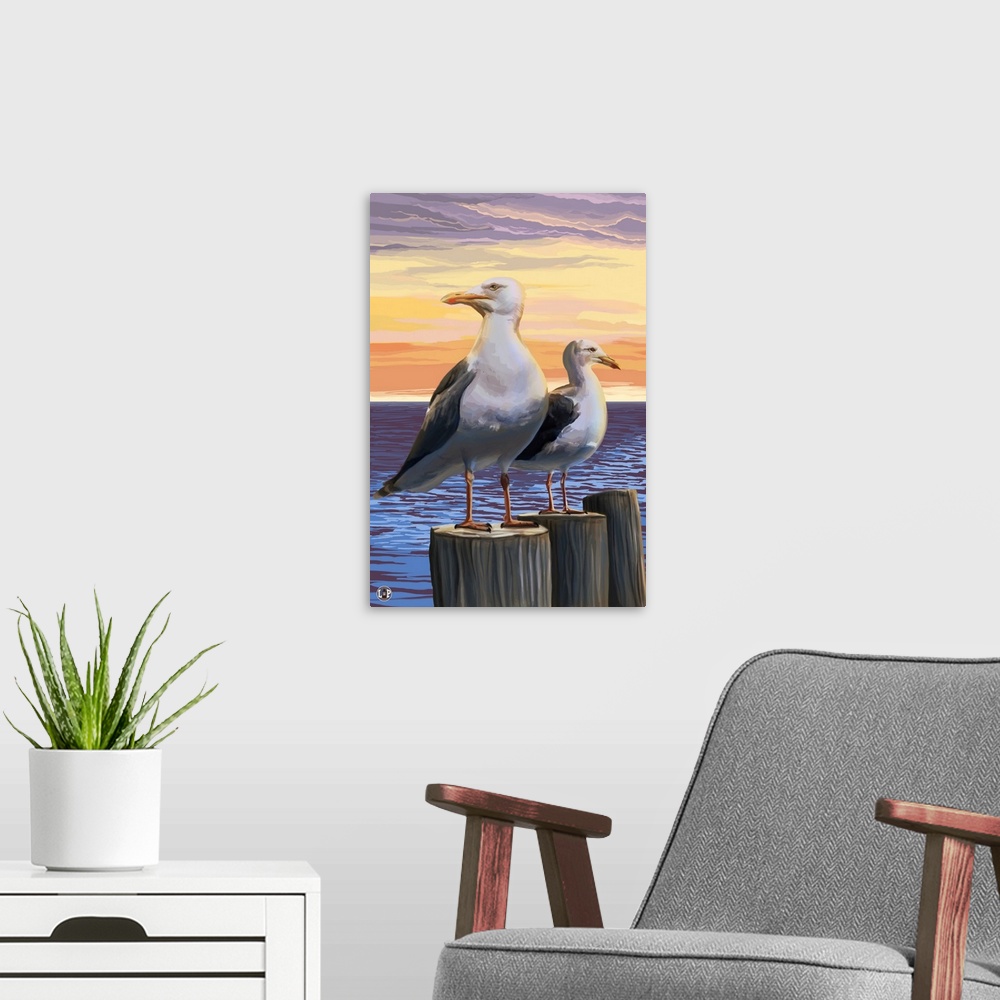 A modern room featuring Retro stylized art poster of two seagulls perched on wooden poles.