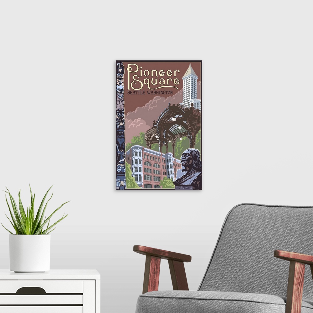 A modern room featuring Seattle, WA - Pioneer Square Montage: Retro Travel Poster