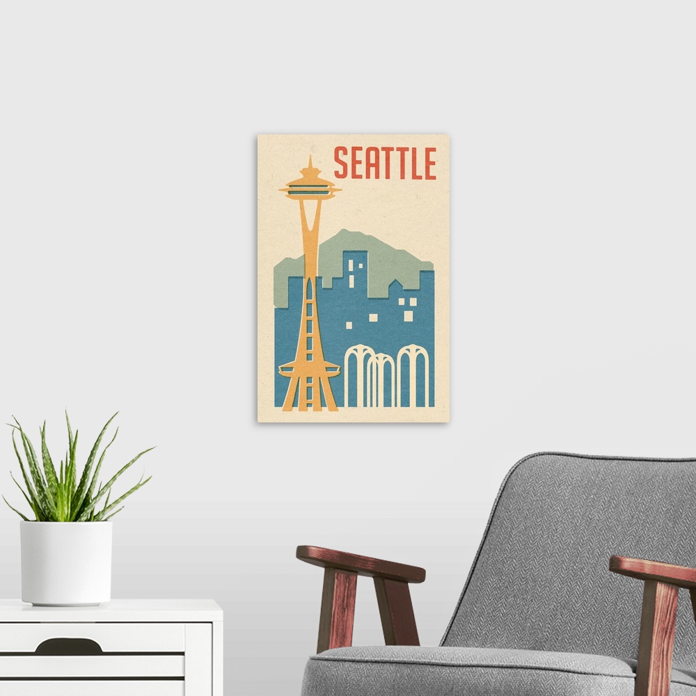 A modern room featuring Seattle, Washington -  Woodblock: Retro Travel Poster