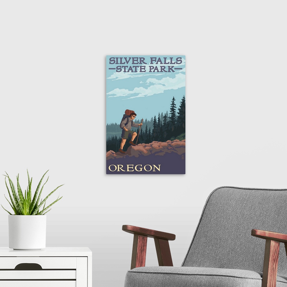 A modern room featuring Silver Falls State Park, Oregon - Hiking Scene: Retro Travel Poster