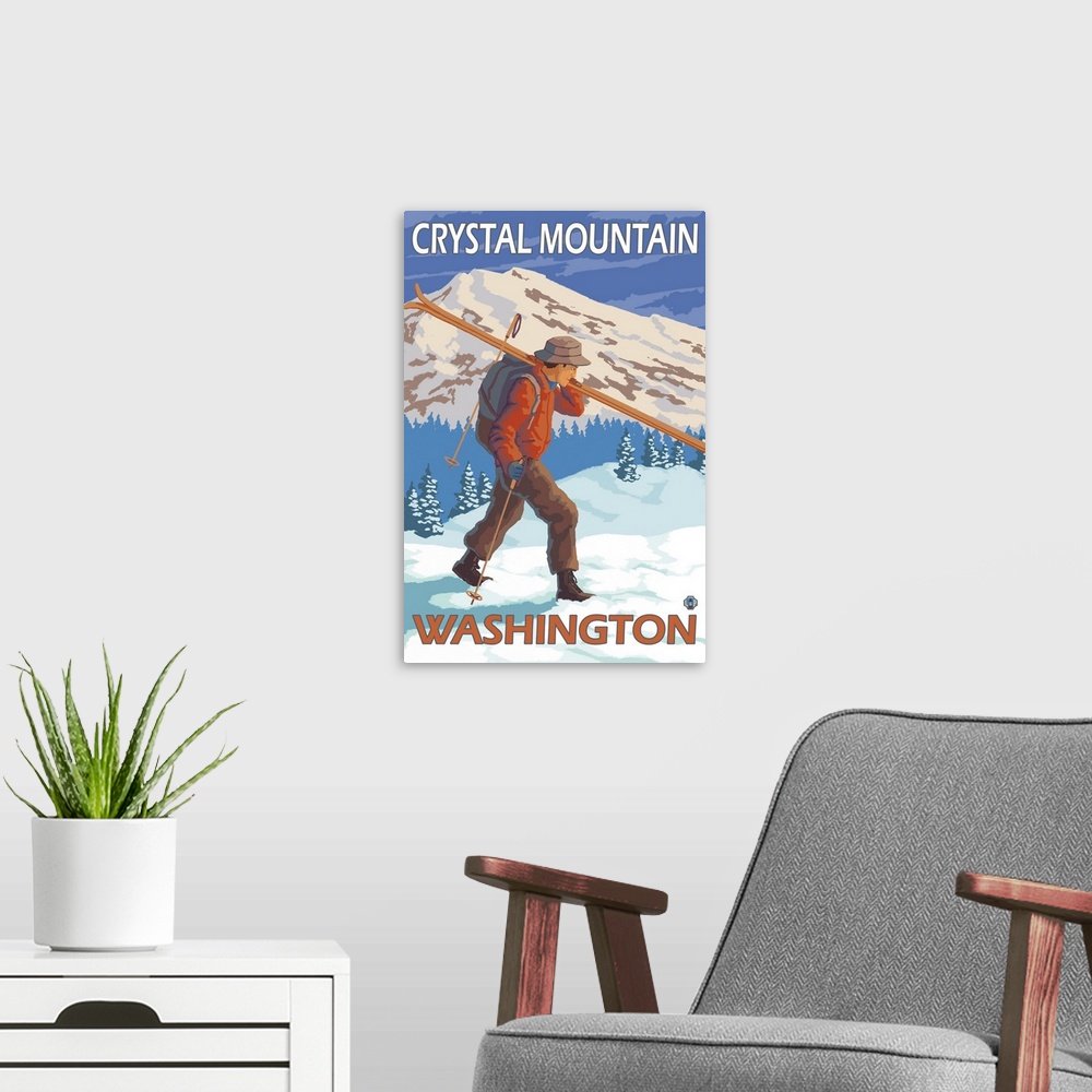 A modern room featuring Skier Carrying Snow Skis - Crystal Mountain, Washinoton: Retro Travel Poster