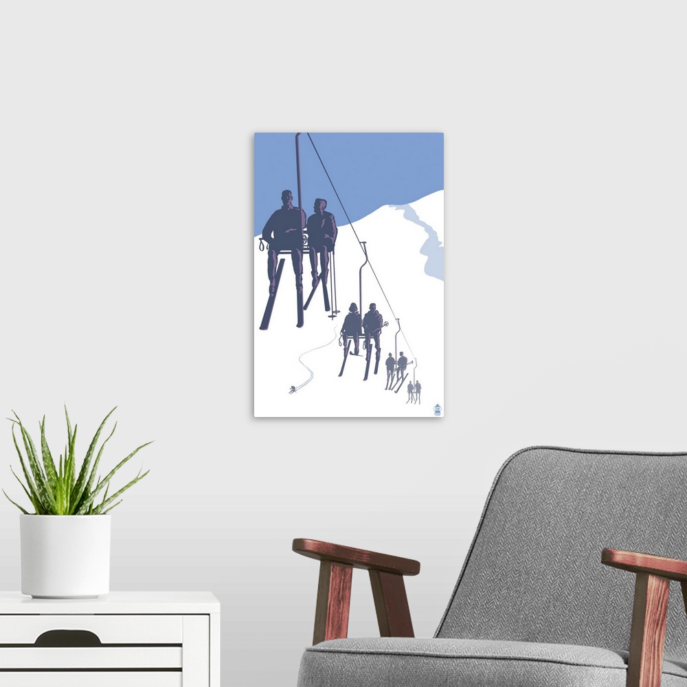 A modern room featuring Retro stylized art poster of silhouetted skiers on ski lift.