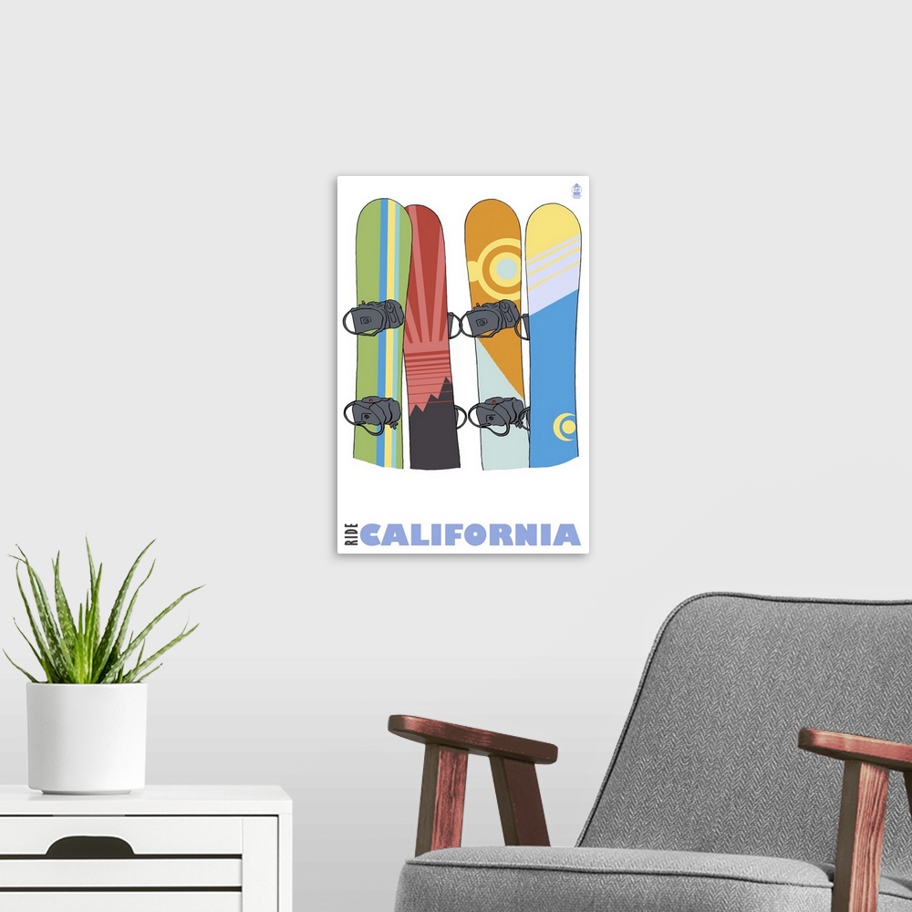 A modern room featuring Snowboards in Snow - California: Retro Travel Poster