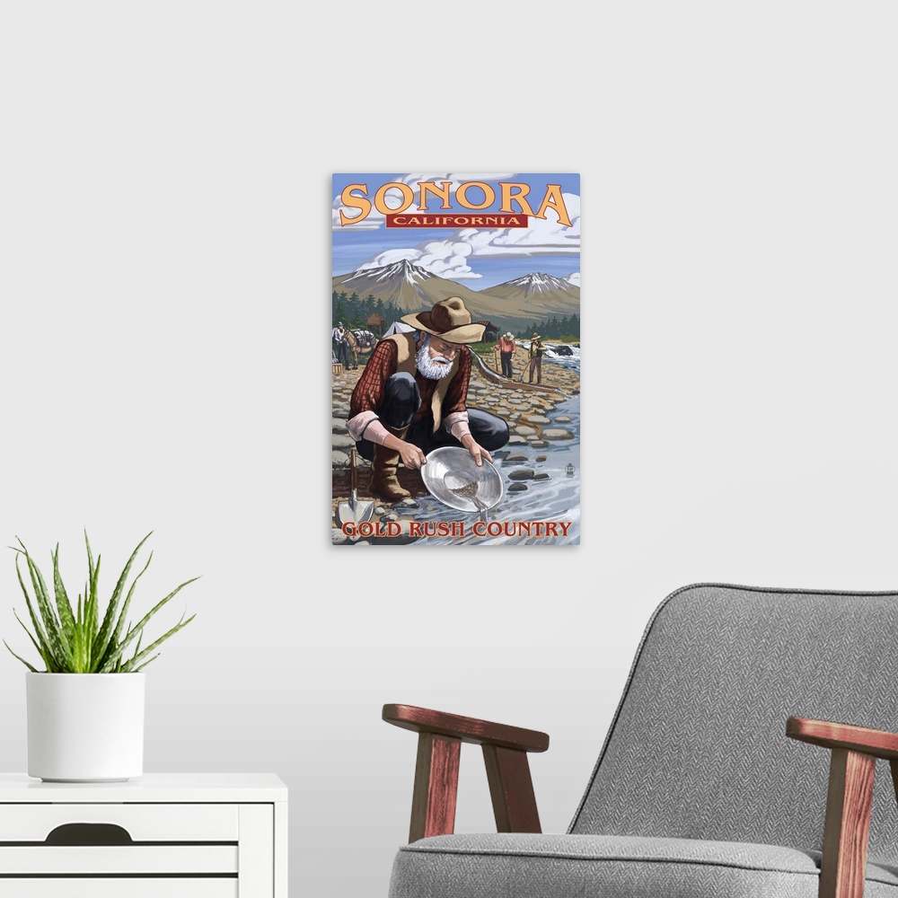 A modern room featuring Retro stylized art poster of a pioneer knelt beside a rocky stream, panning for gold.