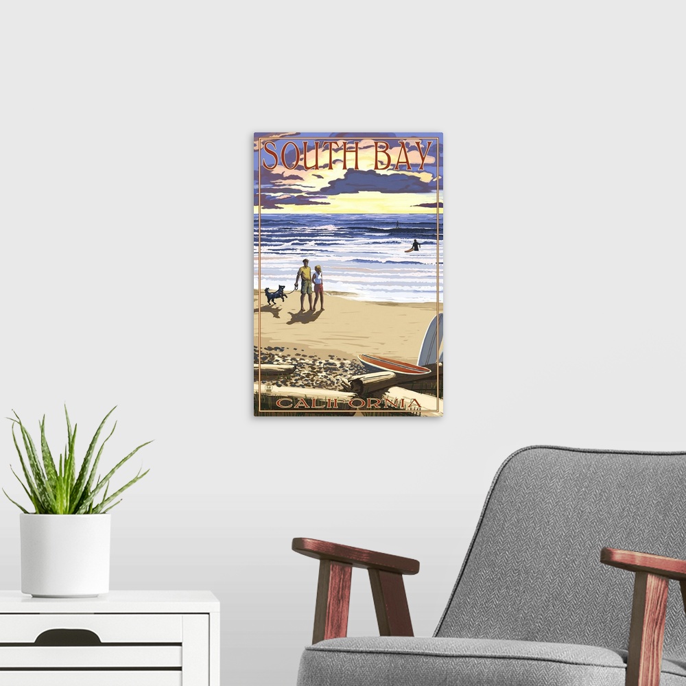 A modern room featuring South Bay, California - Sunset Beach Scene: Retro Travel Poster