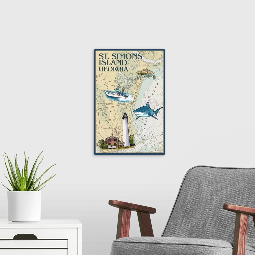 A modern room featuring St. Simons Island, Georgia - Nautical Chart: Retro Travel Poster