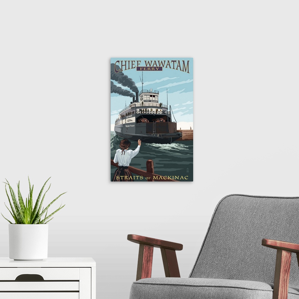 A modern room featuring Straits of Mackinac, Michigan - Chief Wawatam Ferry: Retro Travel Poster