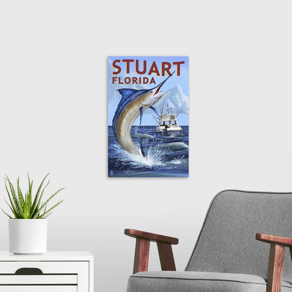 Stuart, Florida - Marlin Fishing Scene: Retro Travel Poster | Large Solid-Faced Canvas, Black Floating Frame Wall Art Print | Great Big Canvas