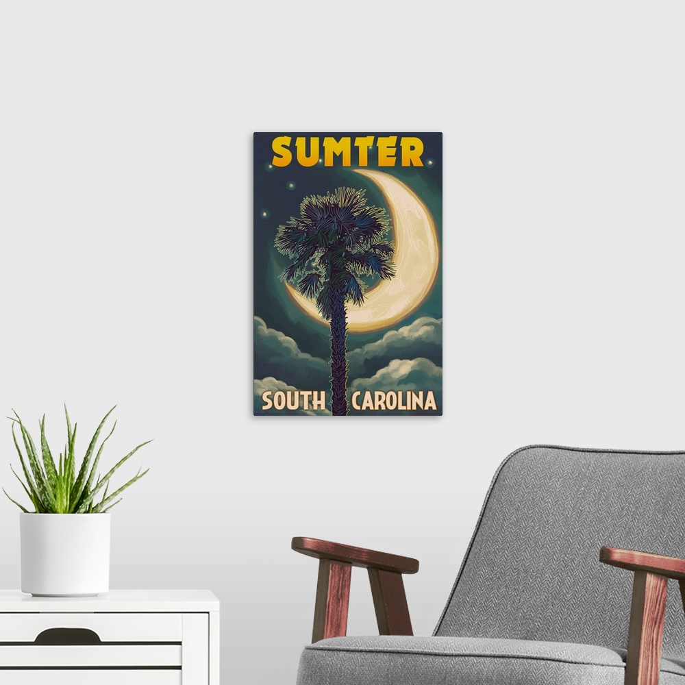 A modern room featuring Sumter, South Carolina - Palmetto Moon and Palm: Retro Travel Poster