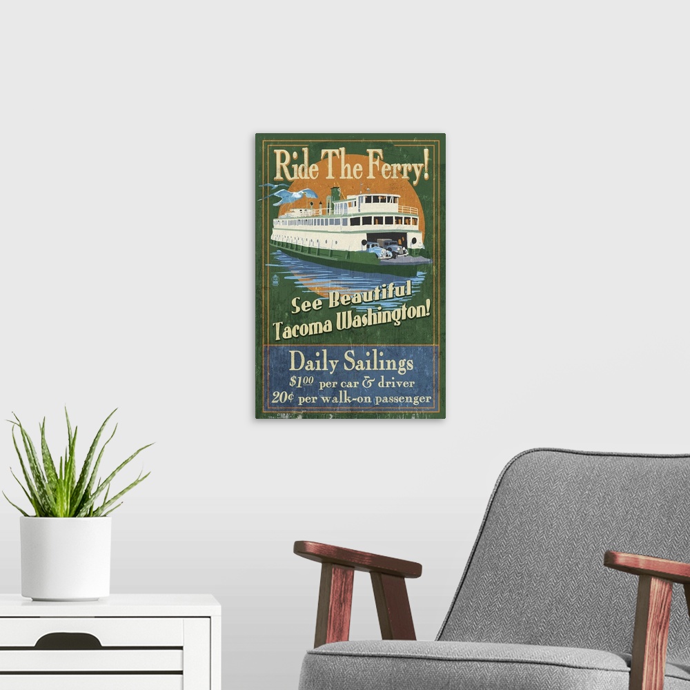A modern room featuring Tacoma, Washington - Ferry Ride Vintage Sign: Retro Travel Poster