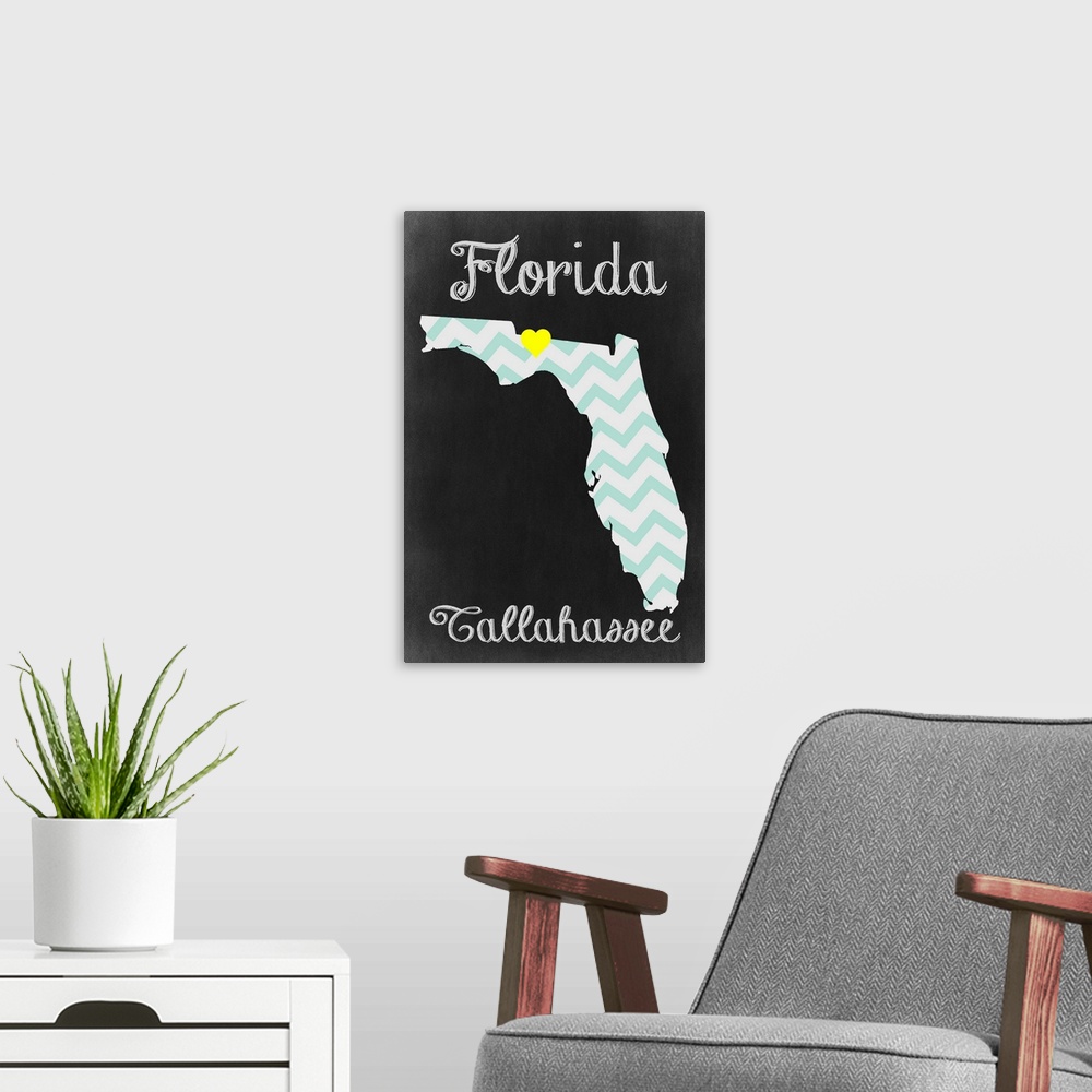 A modern room featuring Tallahassee, Florida, Chalkboard State Heart
