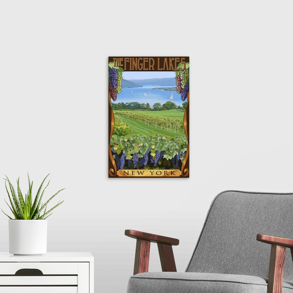 A modern room featuring Retro stylized art poster of a lush vineyard, with purple grapes.